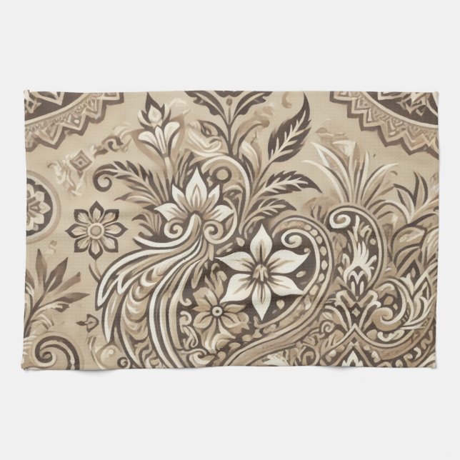 Ivory Beige indonesisk batik Blommigt Boho Rustic Kökshandduk (Horisontell)