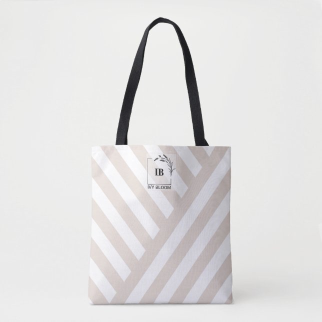 Ivory Beige Ränder Monogram Shopperväska Tygkasse (Framsida)