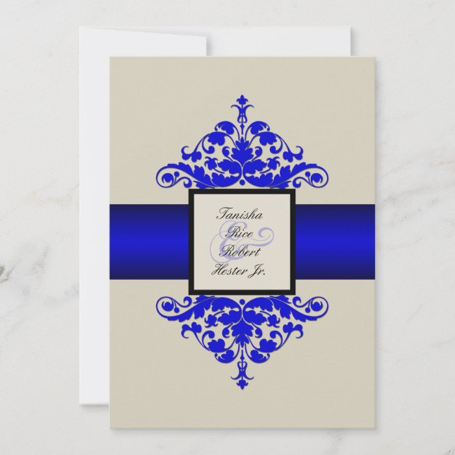 Ivory Black och Blue Damask Wedding bjudande Inbjudningar (Framsida)