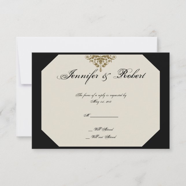 Ivory Black och Guld Damask Wedding Card OSA Kort (Framsida)