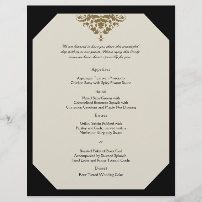 Ivory Black och Guld Damask Wedding Menu (Framsida)