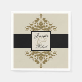 Ivory Black och Guld Damask Wedding Napkin Pappersservett