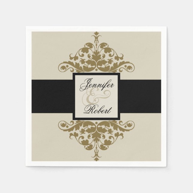Ivory Black och Guld Damask Wedding Napkin Pappersservett (Framsidan)