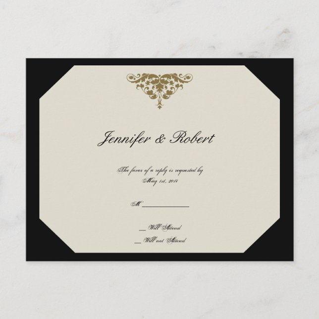 Ivory Black och Guld Damask Wedding OSA Postcard Inbjudan Vykort (Framsida)