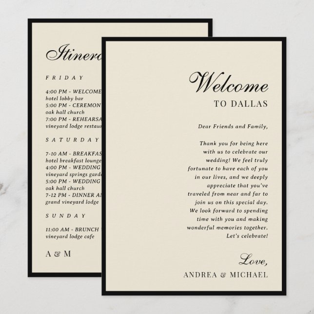 Ivory & Black Old Money Wedding Itinerary Card Inbjudningar (Fram/baksida)