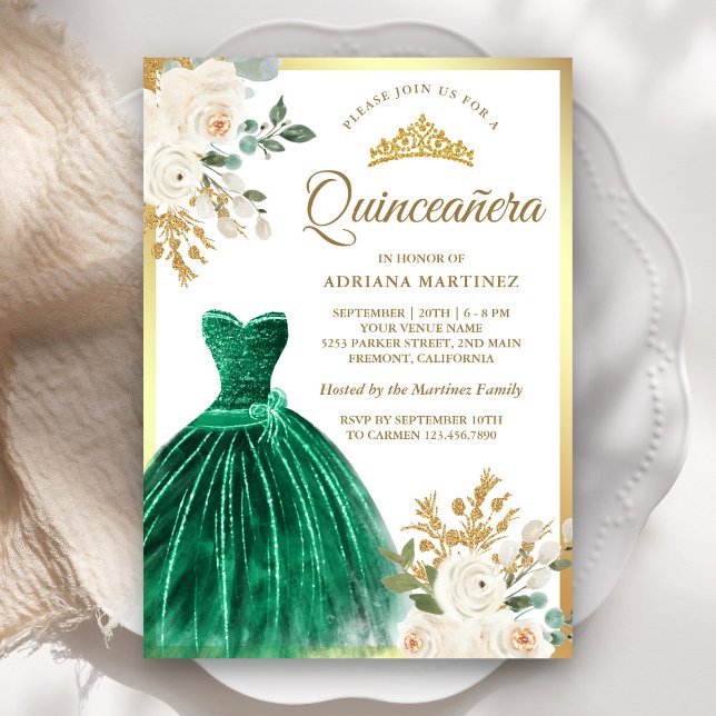 Ivory Blommigt Emerald Grönt Gown Guld Quinceanera Inbjudningar (Skapare uppladdad)