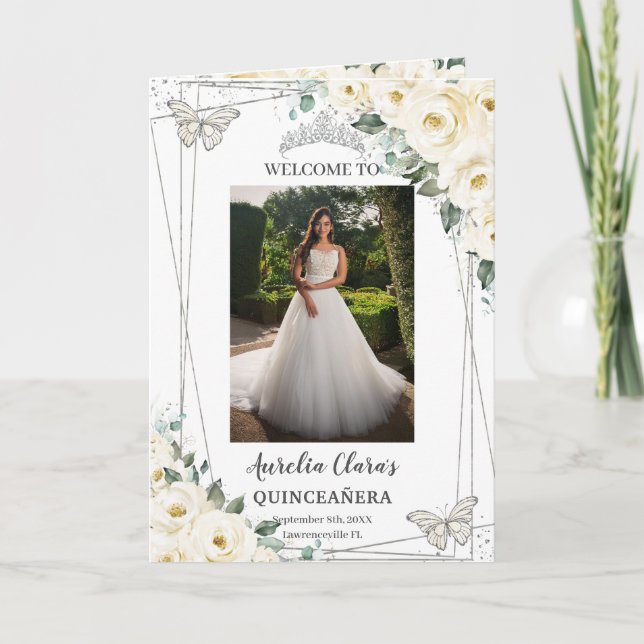 Ivory Blommigt Silver Quinceañera Order of Event Program (Framsida)