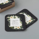 Ivory Bloom Blommigt Ram "Cheers to Kärlek" Bröllo Underlägg Papper Kvadrat<br><div class="desc">I vår samling av vattenfärgen blommigt bröllop i Elfenbenskusten finns delikatmålade vattenfärgsgreer,  eukalyptus löv,  botaniskt lövlök i grönt och vita och elfenbensblommor. "Cheers to kärlek" visas i klassisk text med calligraphy-skriptaccents. Anpassa den här anpassningsbarna underlägg med datum för initialer och bröllop eller ditt val av anpassningsbar.</div>