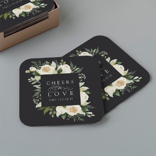 Ivory Bloom Blommigt Ram "Cheers to Kärlek" Bröllo Underlägg Papper Kvadrat