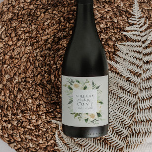 Ivory Bloom Blommigt Ram "Cheers to Kärlek" Bröllo Vinflaska Etikett