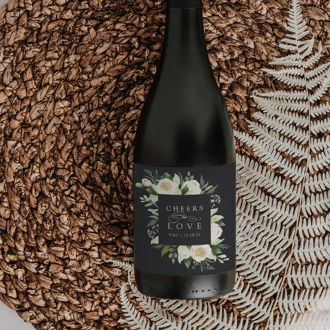 Ivory Bloom Blommigt Ram "Cheers to Kärlek" Bröllo Vinflaska Etikett (Skapare uppladdad)