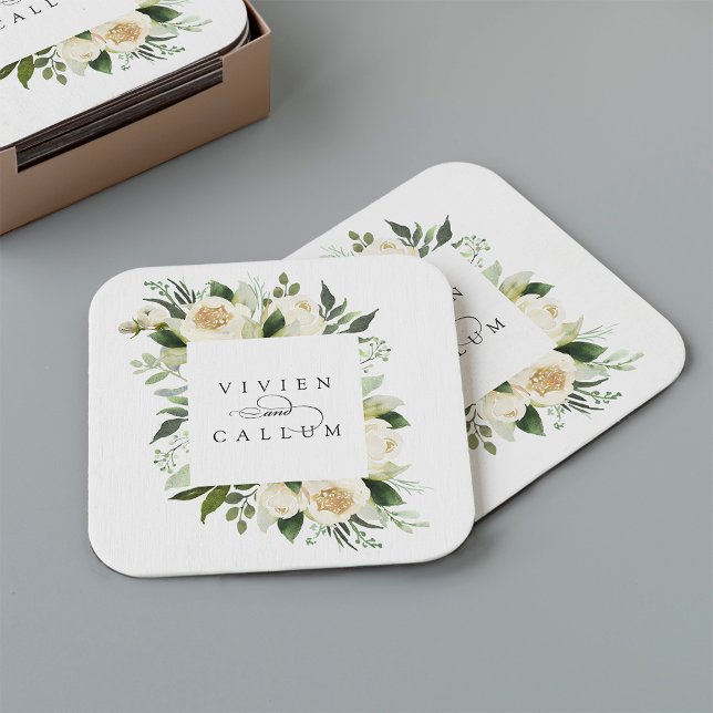 Ivory Bloom | PERSONLIG BLOMMIGT RAM BRÖLLOP Underlägg Papper Kvadrat (Skapare uppladdad)