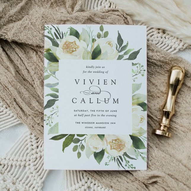 Ivory Bloom | Vattenfärg Blommigt Ram Bröllop Inbjudningar (Skapare uppladdad)