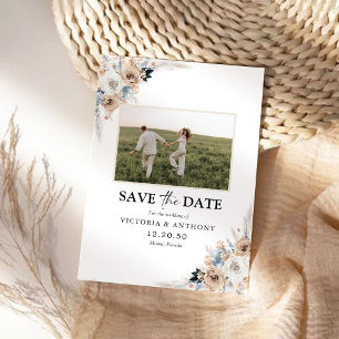 Ivory & Blue Boho Blommigt Spara datumet med foto