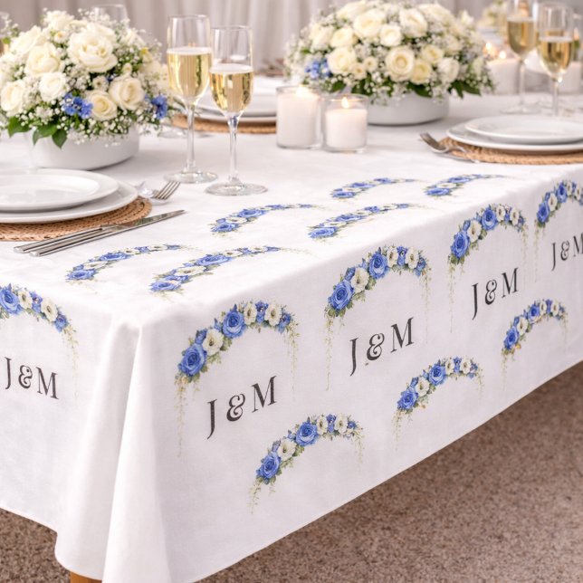 Ivory Blue Floral Wedding Monogram Bride Groom Tyg (Skapare uppladdad)