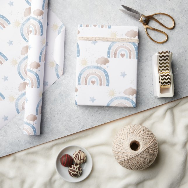 Ivory Blue Taupe Boho Rainbow Clouds Star Boy Gift Presentpapper (Hantverk)