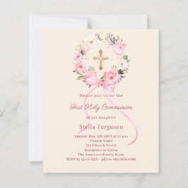 Ivory blush florals bow First Communion invitation