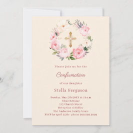 Ivory blush florals cross Confirmation Inbjudningar
