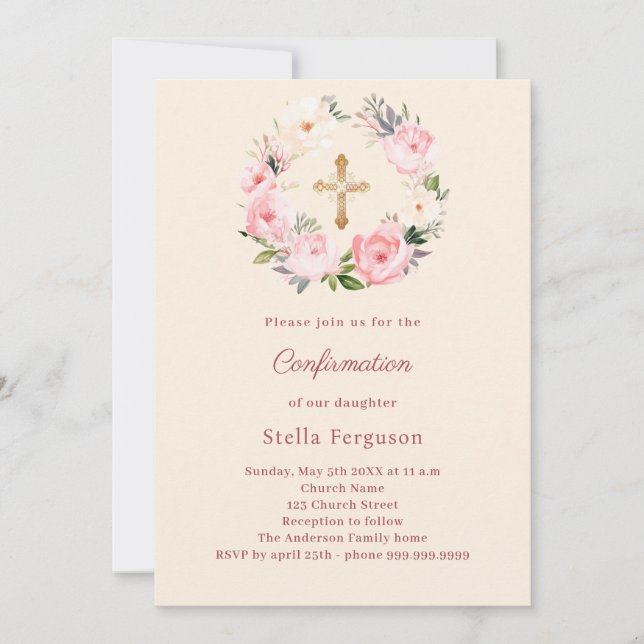 Ivory blush florals cross Confirmation Inbjudningar (Framsida)