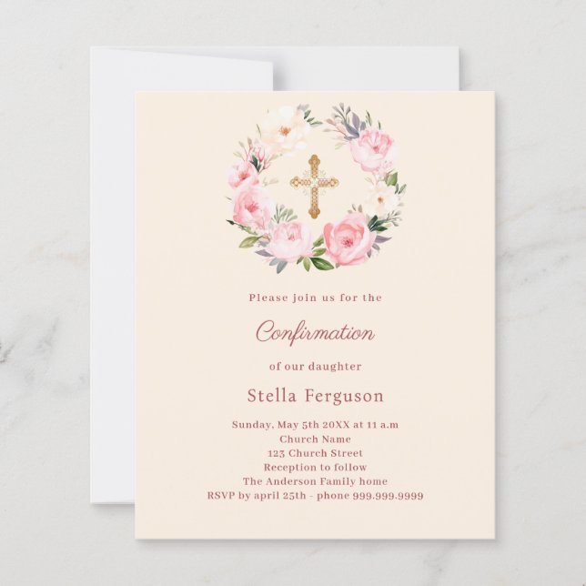 Ivory blush florals cross Confirmation invitation (Framsida)