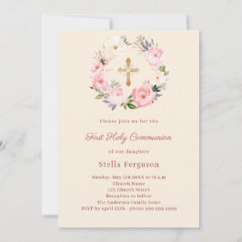 Ivory blush florals cross First Communion Inbjudningar