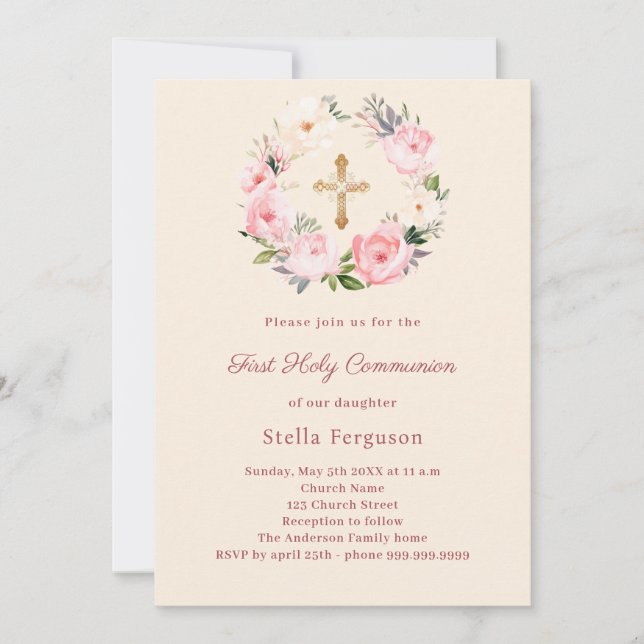 Ivory blush florals cross First Communion Inbjudningar (Framsida)