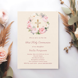 Ivory blush florals cross First Communion Inbjudningar