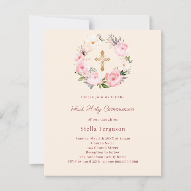 Ivory blush florals First Communion invitation (Framsida)