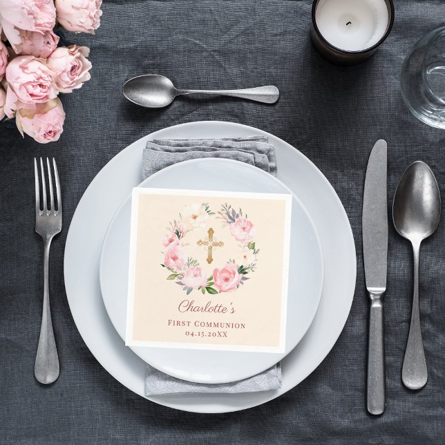 Ivory blush pink floral wreath First Communion Pappersservett (Skapare uppladdad)