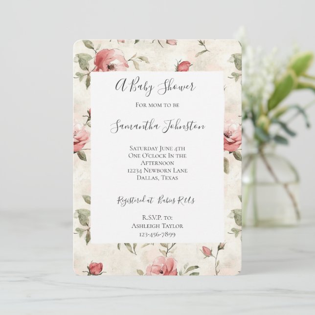 Ivory Blush Pink Roses Floral Baby Shower Inbjudningar (Stående Fram)