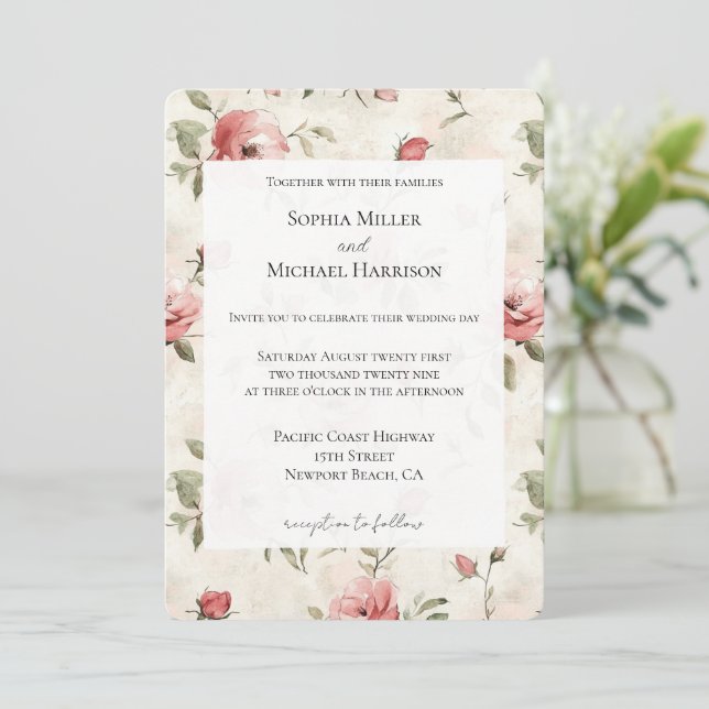 Ivory Blush Pink Roses Floral Wedding Inbjudningar (Stående Fram)