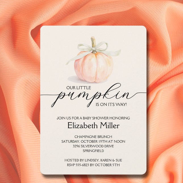 Ivory Bow Little Pumpkin Baby Shower Inbjudningar (Ivory ribbon and bow little pumpkin gender-neutral baby shower invitations)