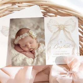 Ivory Bow Pearls Elegant photo Baptism Inbjudningar