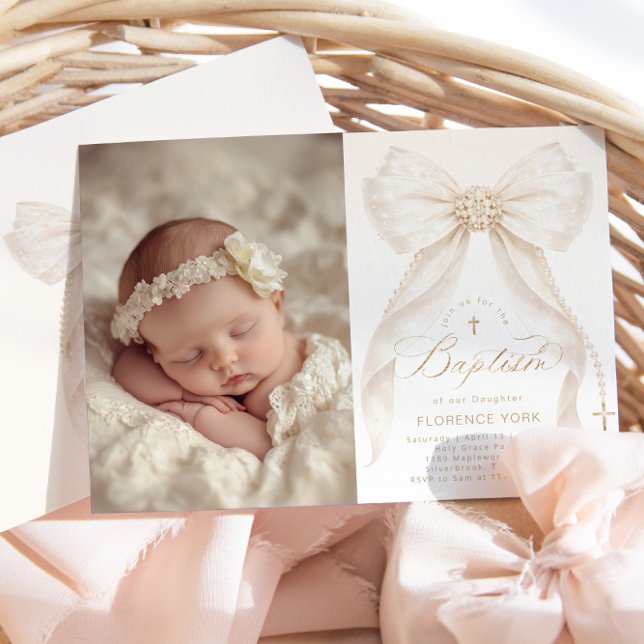 Ivory Bow Pearls Elegant photo Baptism Inbjudningar (Skapare uppladdad)