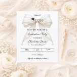 Ivory bow pearls Graduation party Save the Date<br><div class="desc">Announce your milestone with this Coquette Graduation Save the Date. The design features a lush ivory bow embellished with delicate pearl strands and a classic mortarboard icon. Perfect for the stylish senior girl looking to share her portrait with family and friends. 1 sheet = 1 invitation printed edge to edge....</div>