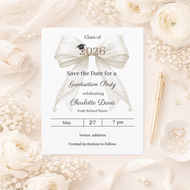 Ivory bow pearls Graduation party Save the Date (Skapare uppladdad)