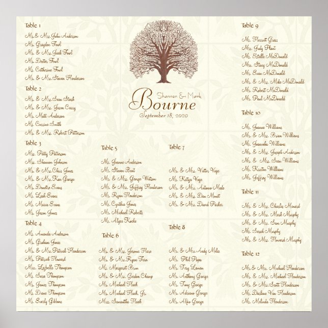 Ivory Brown Swirl Träd med fåglar på 12 Bord Poster (Framsidan)