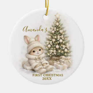 Ivory Bunny Rabbit First Christmas Keepsake Girl Julgransprydnad Keramik