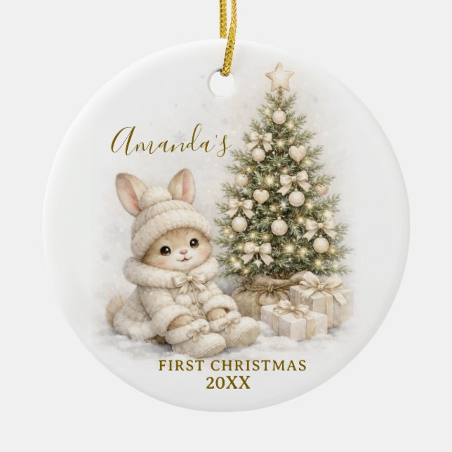 Ivory Bunny Rabbit First Christmas Keepsake Girl Julgransprydnad Keramik (Framsidan)
