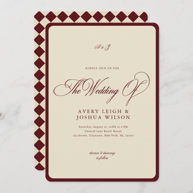 Ivory & Burgundy Checkered Border Retro Wedding Inbjudningar (Fram/baksida)