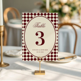 Ivory & Burgundy Checkered Wedding Table Number Inbjudningar