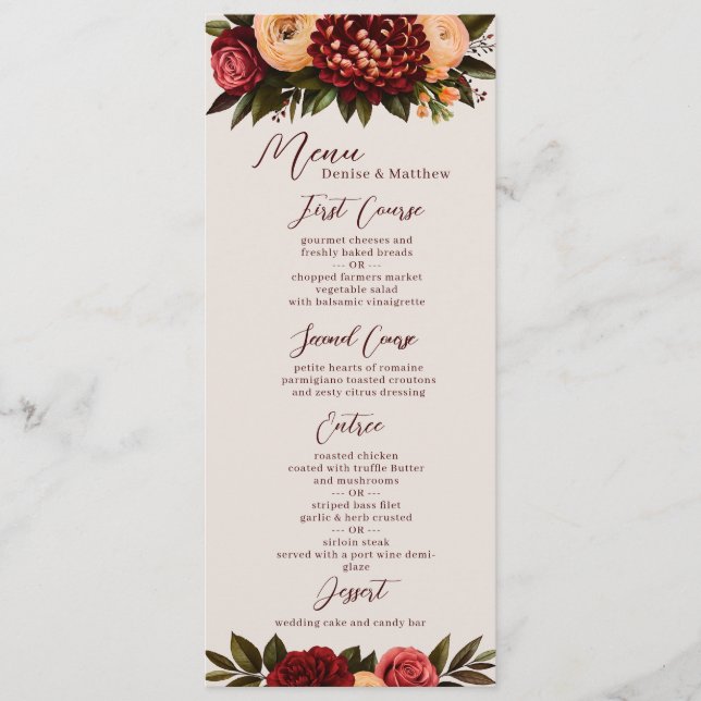 Ivory & Burgundy Chrysanthemum Bröllop Menu Meny (Framsida)