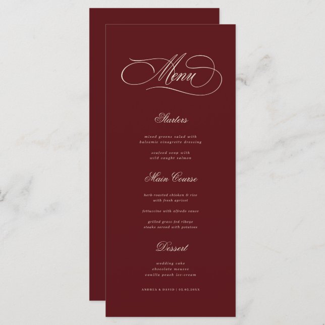 Ivory & Burgundy Old Money Aesthetic Retro Wedding Meny (Fram/baksida)