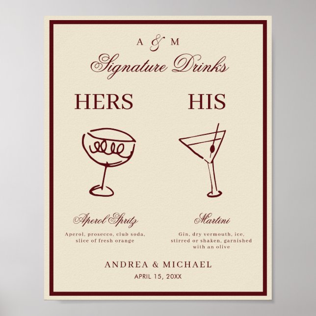Ivory & Burgundy Retro Signature Drinks Sign Poster (Framsidan)