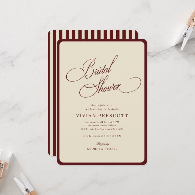Ivory Burgundy Stripes Border Retro Bridal Shower Inbjudningar (Fram/Back In Situ)