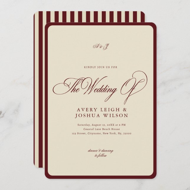 Ivory & Burgundy Stripes Border Retro Wedding Inbjudningar (Fram/baksida)