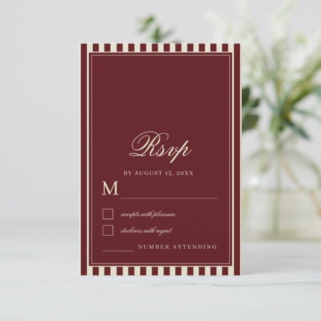 Ivory & Burgundy Stripes Border Retro Wedding OSA Kort (Stående Fram)