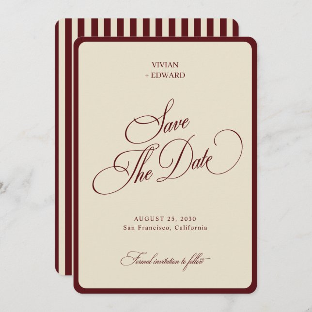 Ivory & Burgundy Stripes Border Retro Wedding Spara Datumet (Fram/baksida)