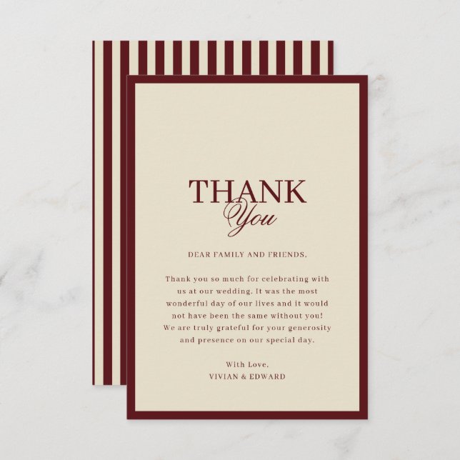 Ivory & Burgundy Stripes Border Retro Wedding Tack Kort (Fram/baksida)