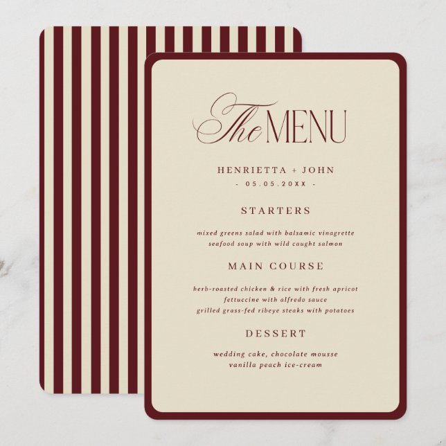 Ivory Burgundy Stripes Border Wedding Menu Card Inbjudningar (Fram/baksida)